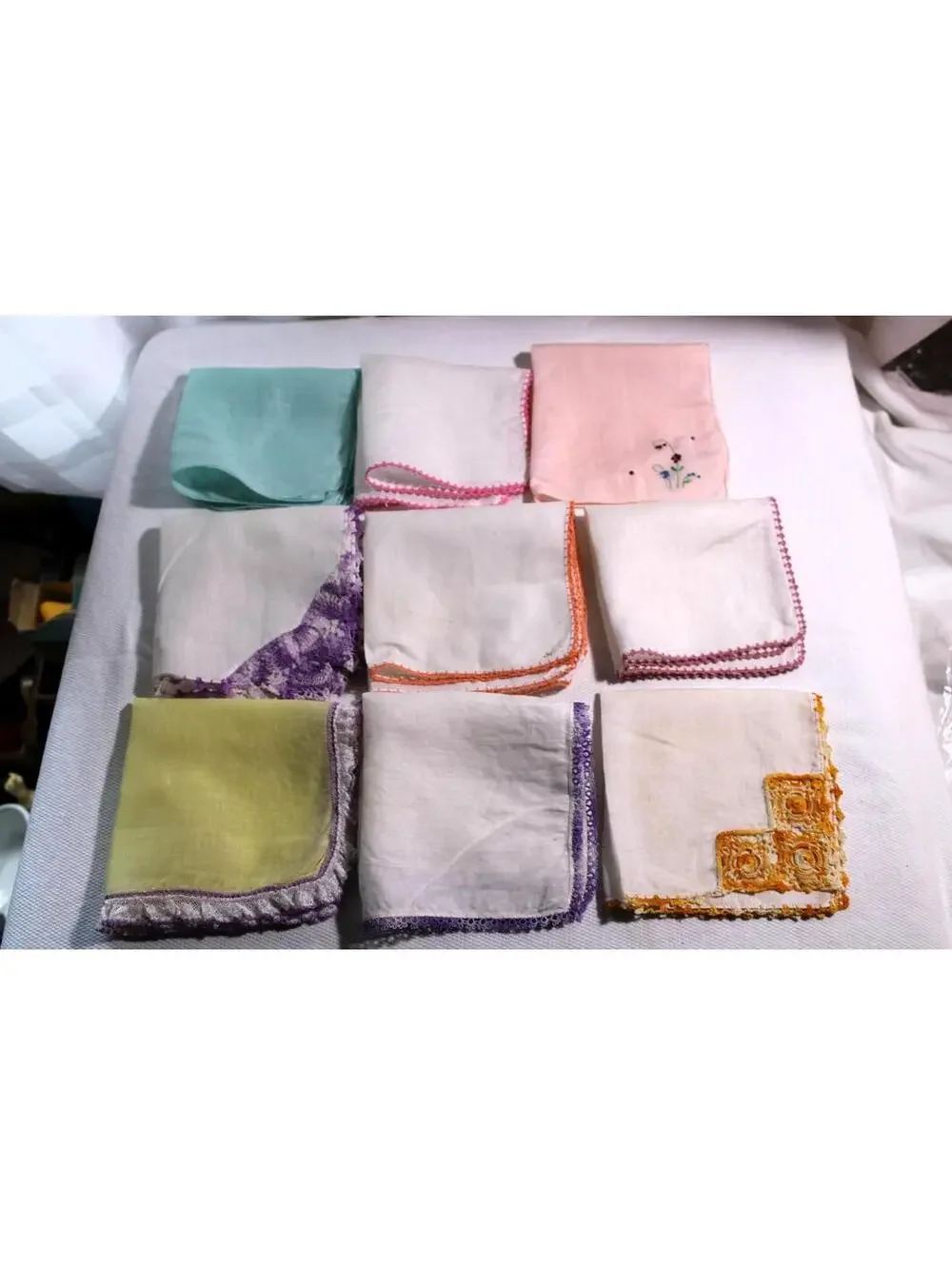 Lot of 9 Vintage Handkerchiefs With Crocheted Borders, Some Slightly Imperfect